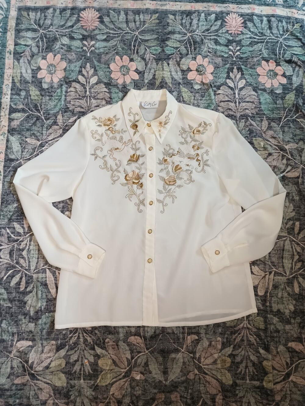 Kathy Che Embroidered Pearl Button Up Top 12 Victorian Western Cottage Prairie